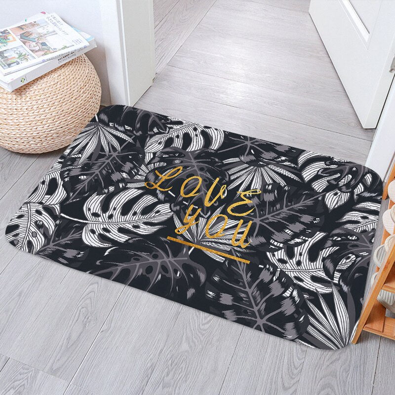 Simple Nordic Monstera Bedroom Kitchen Bath Entrance Door Mat Anti-Slip Coral Velvet Carpet Rug Stripe Soft Home Decor Doormat