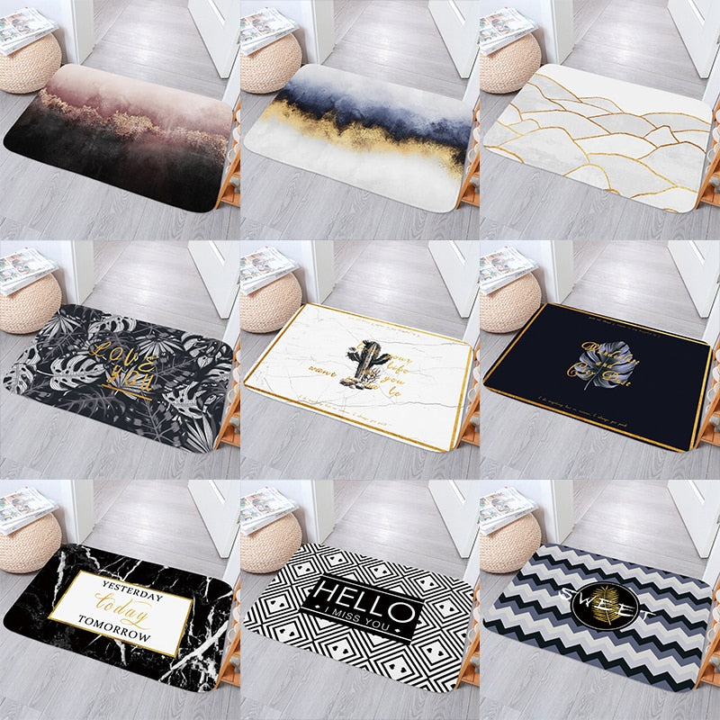 Simple Nordic Monstera Bedroom Kitchen Bath Entrance Door Mat Anti-Slip Coral Velvet Carpet Rug Stripe Soft Home Decor Doormat
